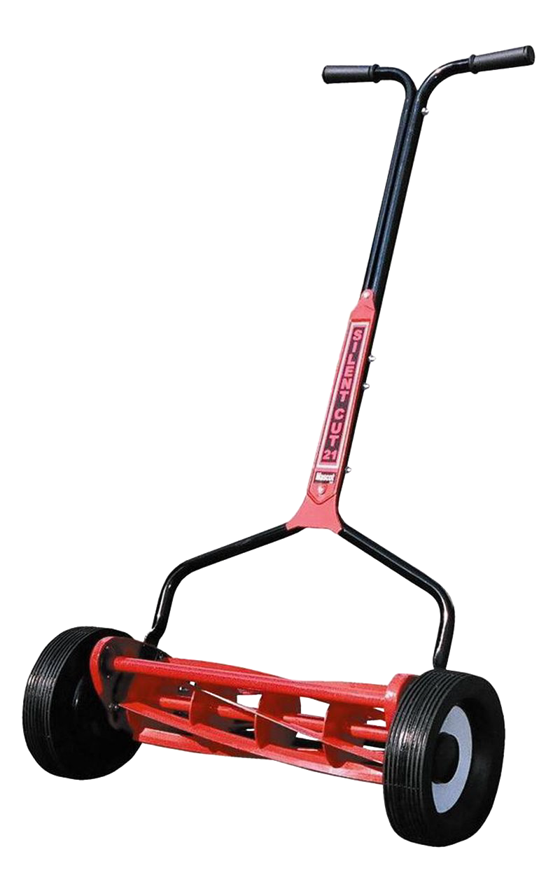 Red reel mower with ergonomic black handle and wide rubber wheels, designed for quiet, efficient lawncare, featured in Farm, Garden & Tool, Best Sellers, and Promo Eligible collections.