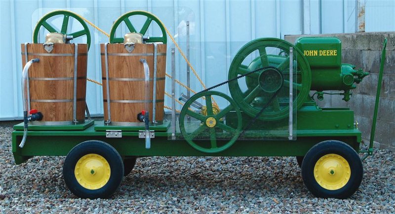 Handcrafted wooden trailer with dual wooden bucket-style freezers powered by a classic green 1.5 hp John Deere engine, featured in Kitchen & Food, Specialty Equipment, Making Ice Cream, and Best Sellers collections.