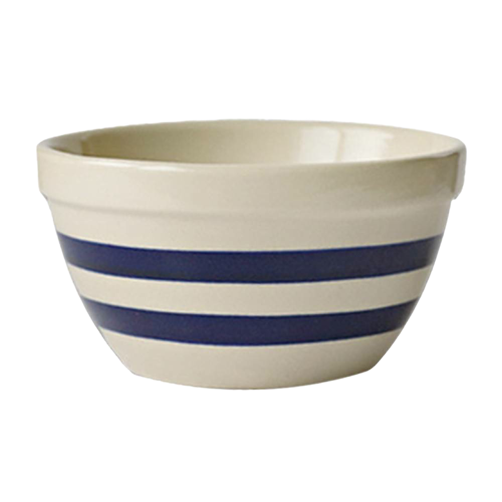 Handcrafted stoneware mixing bowl with classic blue stripes, durable and made in USA, ideal for baking, serving, and kitchen tasks in Kitchen & Food, Cookware, and USA Made collections.