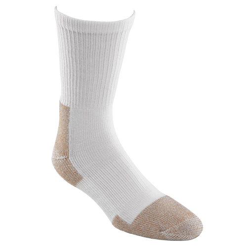 White heavyweight crew sock with reinforced tan heel and toe, designed for durability and comfort during tough workdays, part of Health & Wellness and USA Made collections.