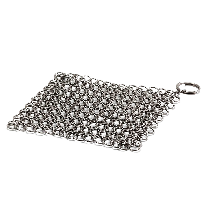 Stainless steel chainmail scrubber with interlocking rings and keyring, designed for heavy-duty cleaning of cast and wrought iron cookware, featured in Home & Decor, Household Cleaning, and Cleaning Utensils collections.