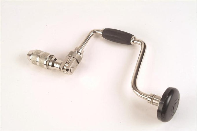 Nickel-plated carpenter’s brace with ratchet mechanism and 3-jaw chuck holding round or hex shank bits, featuring steel trim plate and ball bearings for smooth use in Farm, Garden & Tool, Hand Tools and Hardware, and Best Sellers collections.