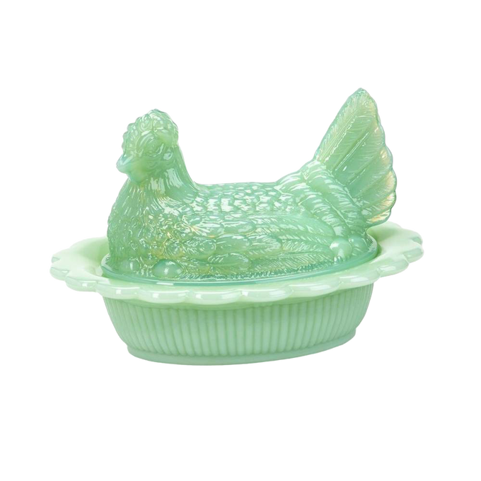 Glossy pale green glass covered dish shaped like a hen on a nest, handcrafted and made in USA, perfect for Kitchen & Food, Storage and Serving, and Best Sellers collections.