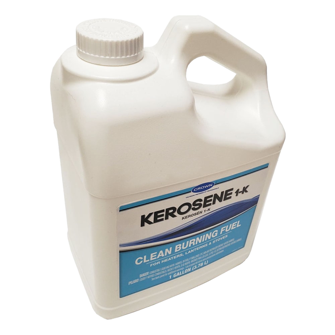 White plastic one-gallon container of K-1 grade clean burning kerosene fuel, made in USA, suitable for use in heaters, lamps, lanterns, stoves, and part of farm, garden, and emergency supply collections.