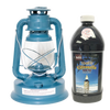 Blue metal mosquito-repellent lantern with clear glass globe next to a black plastic bottle of citronella torch fuel, ideal for outdoor use in farm, garden, camping, and pest control settings.