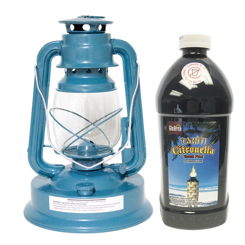 Blue metal mosquito-repellent lantern with clear glass globe next to a black plastic bottle of citronella torch fuel, ideal for outdoor use in farm, garden, camping, and pest control settings.