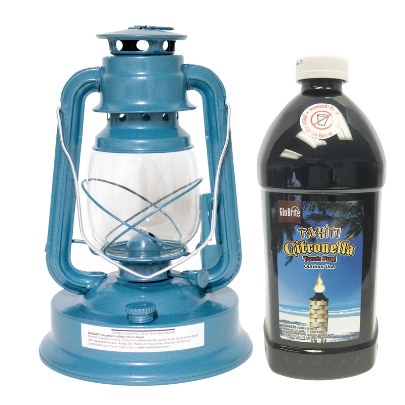 Blue metal mosquito-repellent lantern with clear glass globe next to a black plastic bottle of citronella torch fuel, ideal for outdoor use in farm, garden, camping, and pest control settings.