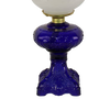 Handcrafted deep blue glass oil lamp base with intricate sculptured details, featuring a brass-plated burner and frosted glass chimney, ideal for Lamps & Lighting, Oil Lamps, Table Lamps, Best Sellers, Promo Eligible collections.