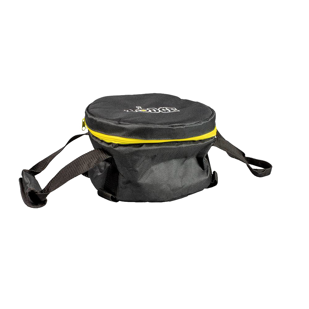 Round black polyester tote bag with thick padding, bright yellow zipper, and sturdy straps, designed for carrying and storing camp cookware in outdoor and kitchen settings.