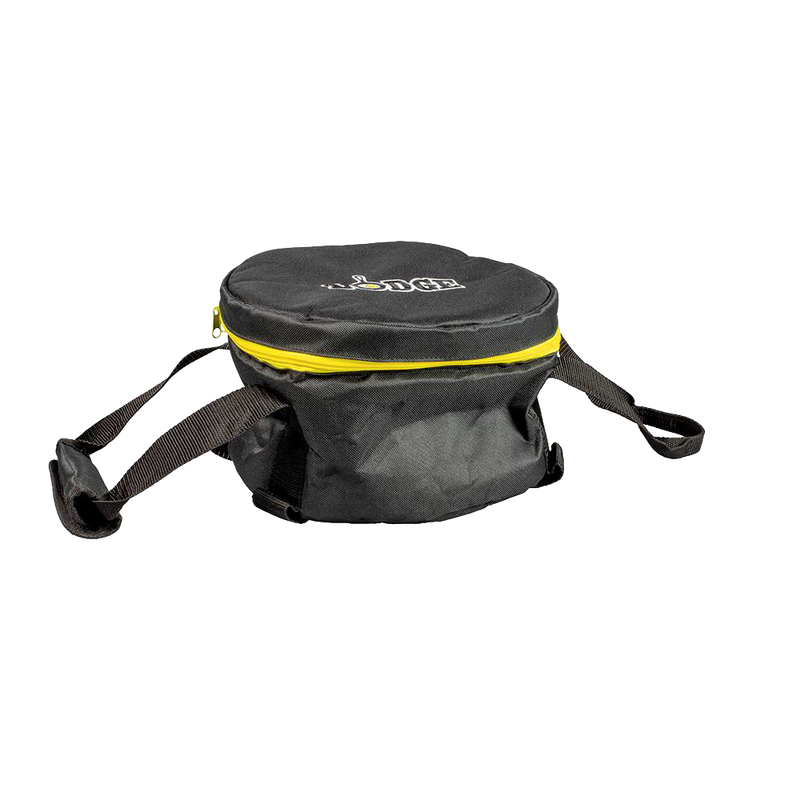 Round black polyester tote bag with thick padding, bright yellow zipper, and sturdy straps, designed for carrying and storing camp cookware in outdoor and kitchen settings.
