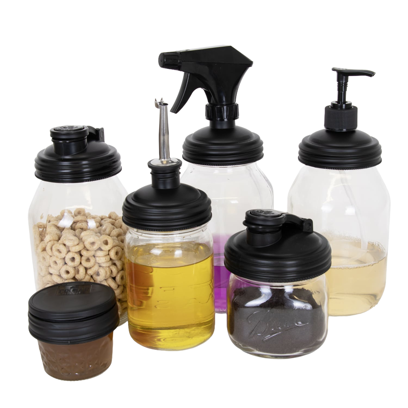 Set of seven black reusable lids for Mason jars featuring diverse functional tops including flip, pump, spray, and pour spout, handcrafted in the USA for Home & Decor, Household Helpers, and Best Sellers collections.