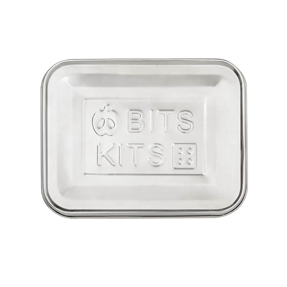 Rectangular stainless steel snack container with embossed branding on lid, designed for durable, reusable food storage in Kitchen & Food, Storage and Serving, and Best Sellers collections.