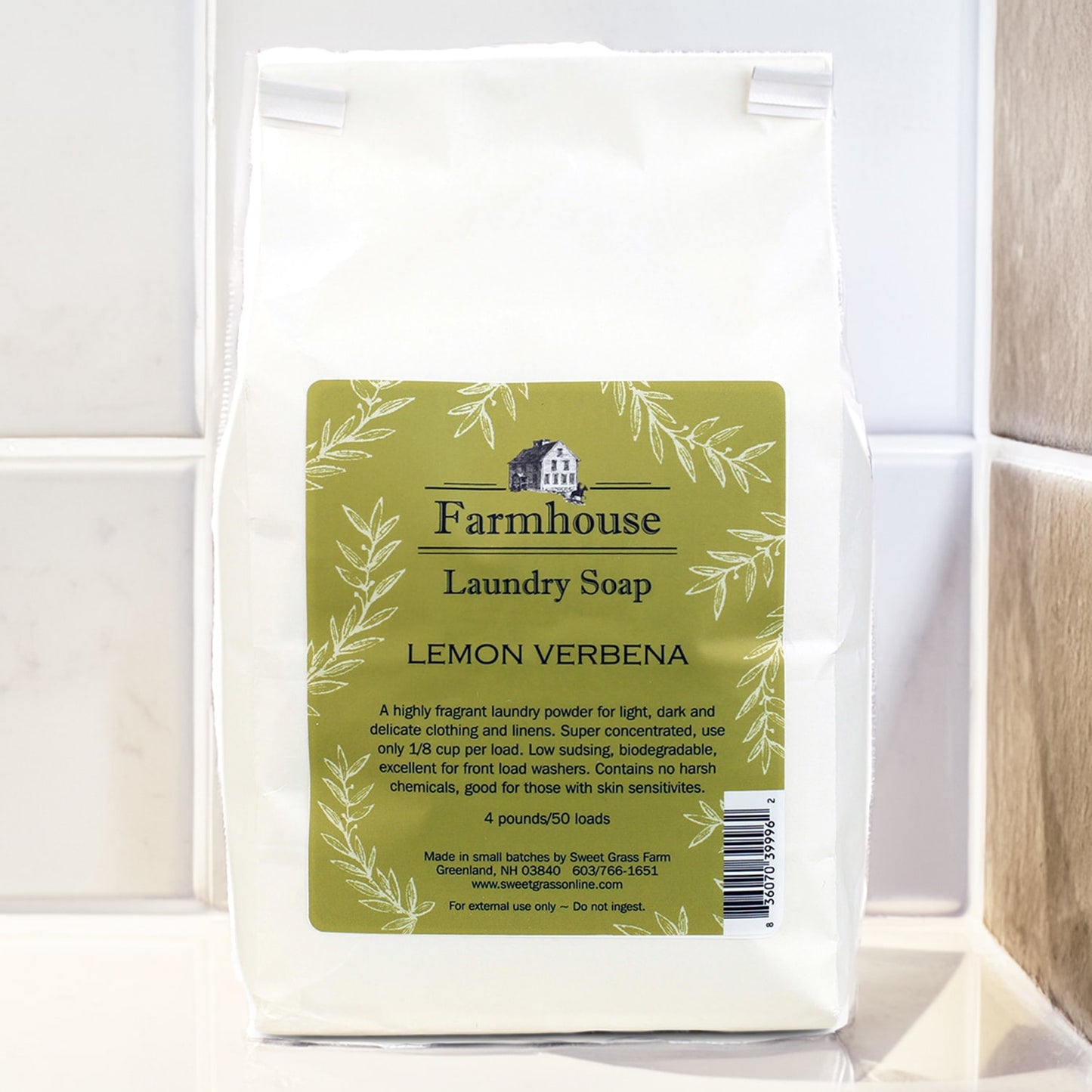 Handcrafted lemon verbena scented Farmhouse Laundry Soap in a concentrated powder with a gentle, low-sudsing, biodegradable formula, made in USA, featured in Home & Decor, Soaps and Soapmaking, Laundry Supplies, Laundry Soaps and Softeners, USA Made, Best Sellers, and Promo Eligible collections.