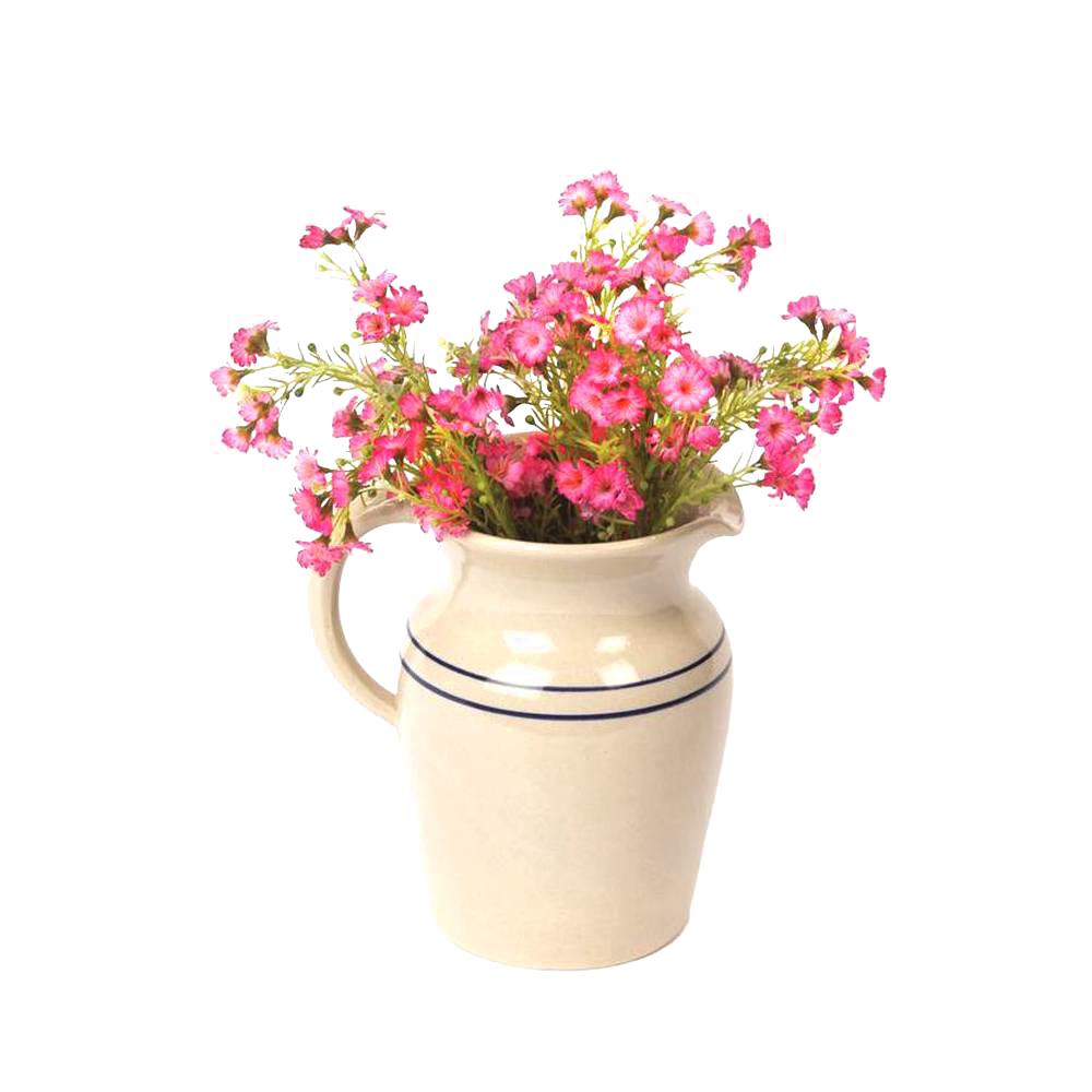Handcrafted cream stoneware pitcher with two blue stripes holding pink flowers, lead-free and made in USA, perfect for Kitchen & Food, Dinnerware, Holiday Hosting, and Storage and Serving collections.
