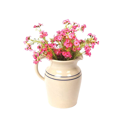 Handcrafted cream stoneware pitcher with two blue stripes holding pink flowers, lead-free and made in USA, perfect for Kitchen & Food, Dinnerware, Holiday Hosting, and Storage and Serving collections.