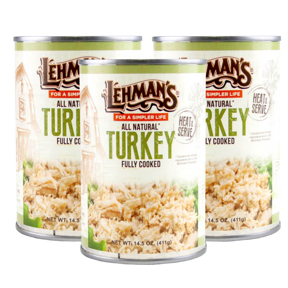 Three cans of handcrafted, fully cooked all-natural turkey, ready to heat and serve, featured for emergency supplies and everyday meals in Farm, Garden & Tool, Kitchen & Food, and Meats collections.