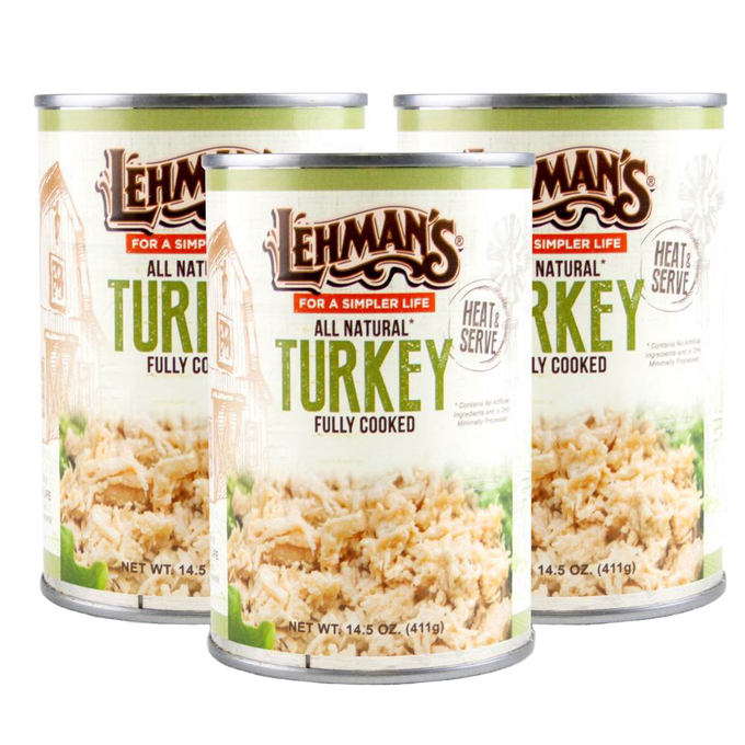 Three cans of handcrafted, fully cooked all-natural turkey, ready to heat and serve, featured for emergency supplies and everyday meals in Farm, Garden & Tool, Kitchen & Food, and Meats collections.
