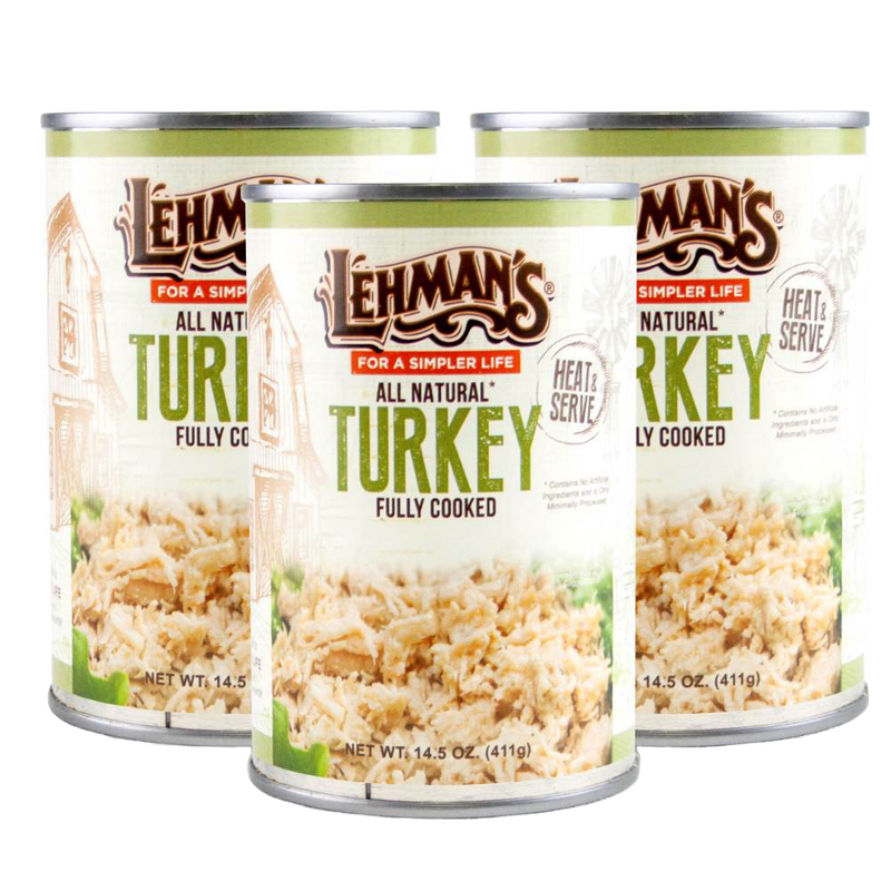 Three cans of handcrafted, fully cooked all-natural turkey, ready to heat and serve, featured for emergency supplies and everyday meals in Farm, Garden & Tool, Kitchen & Food, and Meats collections.