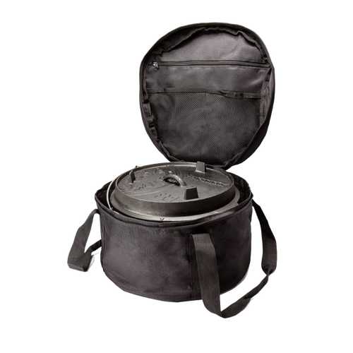 Black fabric transport bag with zippered lid and interior mesh pocket, designed to protect and carry cast iron Dutch ovens, suited for Farm, Garden & Tool, Camping, and Best Sellers collections.