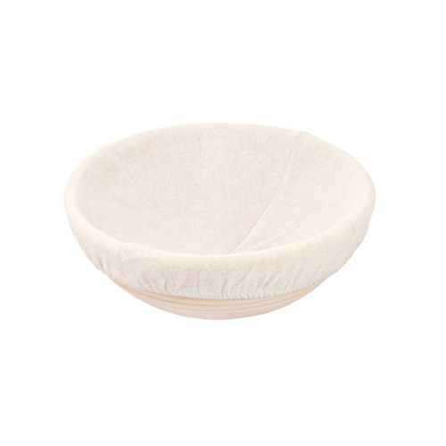 Handcrafted round rattan proofing basket with a removable cloth liner in natural tones, designed to support dough rising evenly, ideal for Kitchen & Food, Baking Supplies, and Bread Making collections.