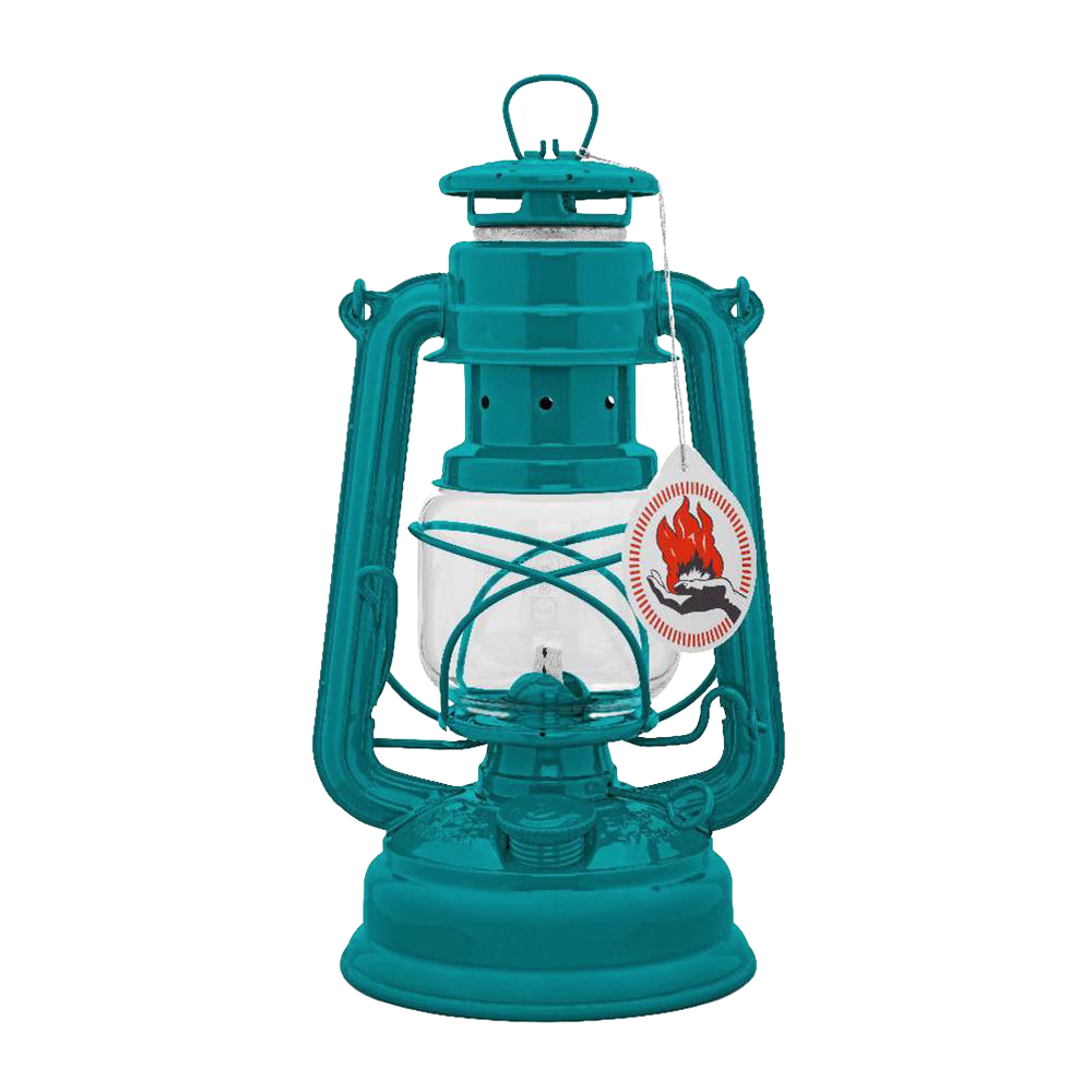 Unique handcrafted teal galvanized oil lantern featuring a thermal heat-resistant SUPRAX globe, ideal for Lamps & Lighting, Camping, and Emergency Supplies collections.