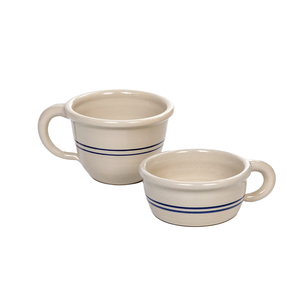 Set of handcrafted stoneware chili bowls in natural color featuring double blue stripes and handles, made in USA, ideal for Kitchen & Food, Dinnerware, USA Made, Best Sellers, and Promo Eligible collections.