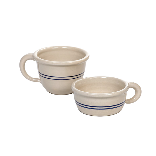 Set of handcrafted stoneware chili bowls in natural color featuring double blue stripes and handles, made in USA, ideal for Kitchen & Food, Dinnerware, USA Made, Best Sellers, and Promo Eligible collections.