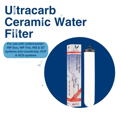 Replacement ceramic water filter element with activated carbon, compatible with undercounter and countertop Doulton systems, featured in Appliances, Emergency Supplies, and Water Heating and Treatment collections.