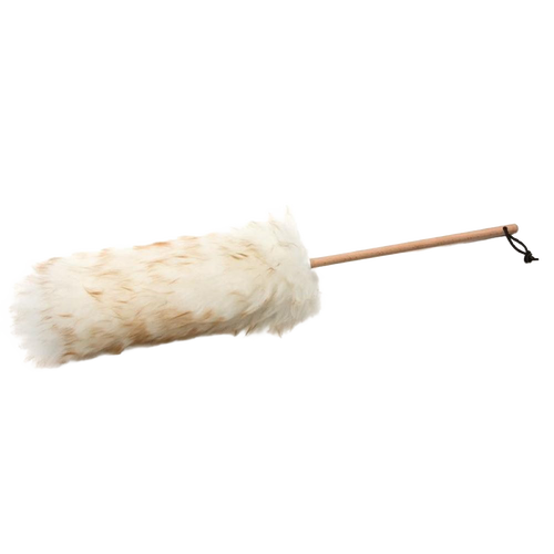 Handcrafted lamb's wool duster with a natural wooden handle, designed in the USA for gently attracting dust from blinds, lights, and delicate surfaces in Home & Decor, Household Cleaning, and Cleaning Utensils and Gadgets collections.