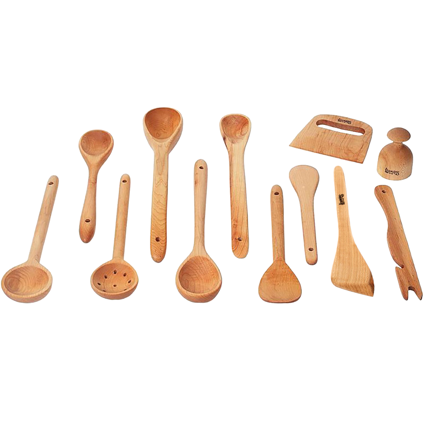 Set of handcrafted solid American Hard Maple wooden cooking utensils including spoons, ladle, scraper, dough cutter, tamper, and tongs, perfect for Kitchen & Food, Holiday Hosting, Storage and Serving, USA Made, and Best Sellers collections.