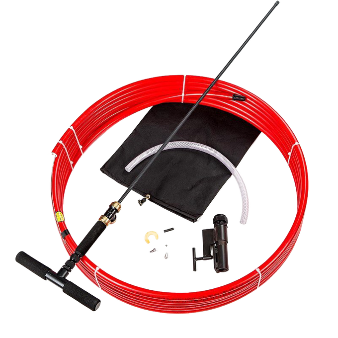 Emergency hand pump system with bright red flexible tubing, T-handle, black fittings, and accessories, designed for easy installation in deep wells, ideal for farm, garden, and emergency use.