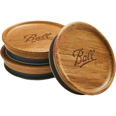Set of three airtight wooden jar lids crafted from acacia wood, featuring the Ball logo and a rubber seal, designed for stylish pantry storage and Kitchen & Food collections.