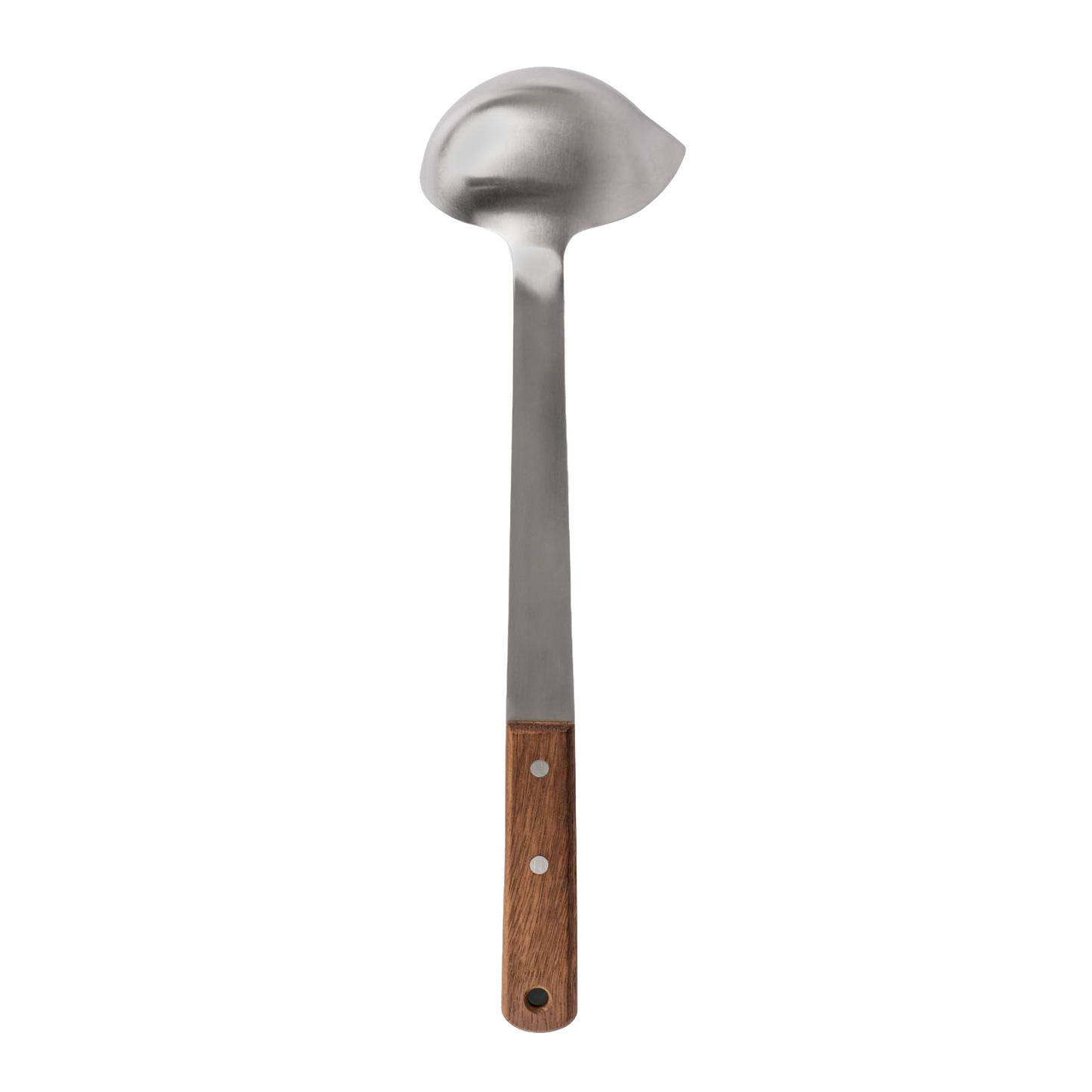 Large stainless steel soup ladle with a polished scoop and wooden handle, handcrafted for efficient serving in camping and kitchen settings, part of Farm, Garden & Tool collection.
