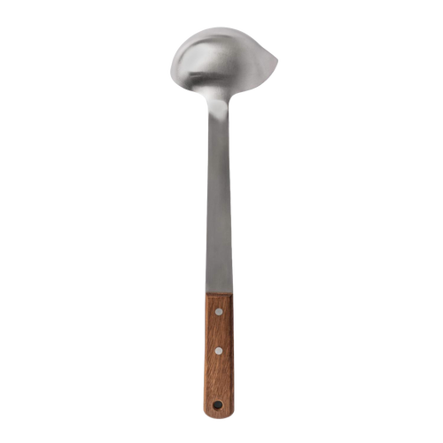 Large stainless steel soup ladle with a polished scoop and wooden handle, handcrafted for efficient serving in camping and kitchen settings, part of Farm, Garden & Tool collection.