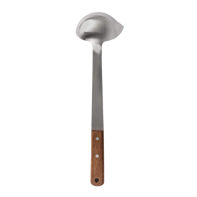Large stainless steel soup ladle with a polished scoop and wooden handle, handcrafted for efficient serving in camping and kitchen settings, part of Farm, Garden & Tool collection.