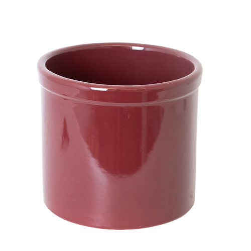 Glossy deep red 2-gallon stoneware crock with a lead-free, food-safe glaze, handmade in the USA, perfect for fermenting, pickling, and kitchen use in Food Preservation and USA Made collections.