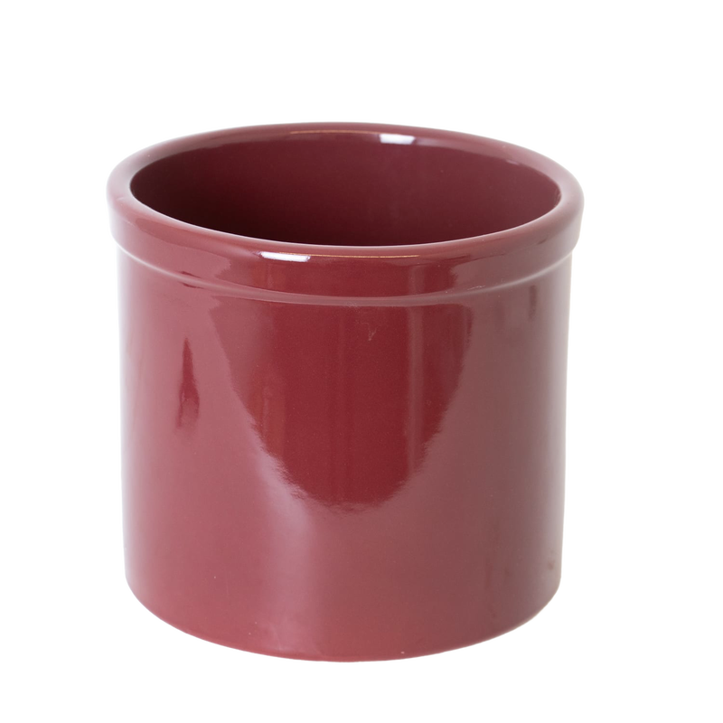 Glossy deep red 2-gallon stoneware crock with a lead-free, food-safe glaze, handmade in the USA, perfect for fermenting, pickling, and kitchen use in Food Preservation and USA Made collections.
