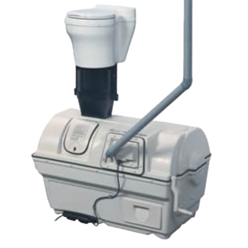 Compact water-free composting toilet system in white and grey, designed for efficient waste management with vent pipe, featured in Appliances, Composting Toilets, and Best Sellers collections.