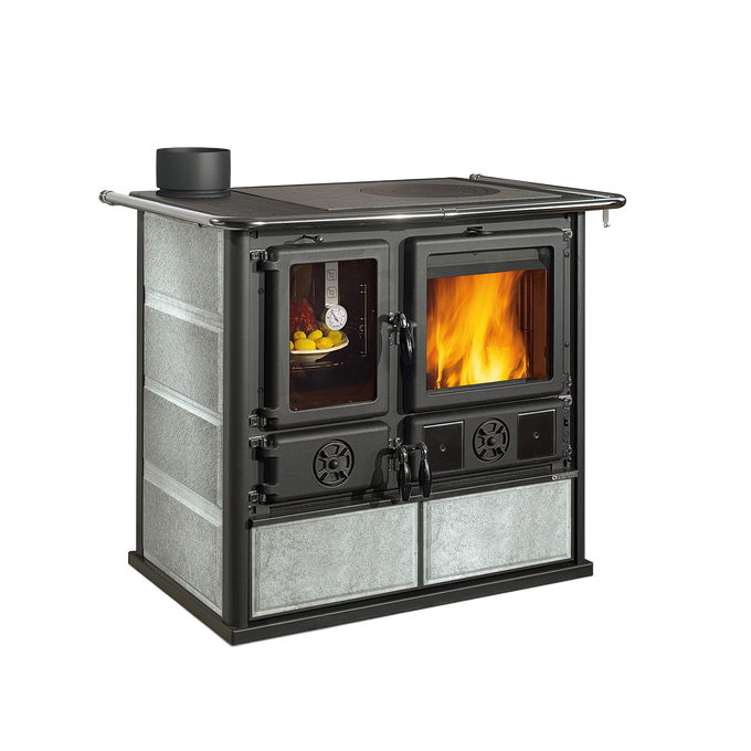 Reverse wood cook stove with enameled steel and natural stone facade, featuring dual glass doors with visible fire and oven compartment, part of Stoves, Cookstoves, Best Sellers, and All Stoves & Appliances collections.