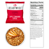 ReadyWise Apple Cinnamon Cereal freeze-dried breakfast packet shown with a bowl of granola topped with apple slices and a cinnamon stick, featuring detailed nutrition facts for emergency food and pantry collections.