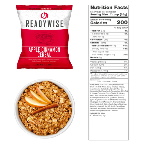 ReadyWise Apple Cinnamon Cereal freeze-dried breakfast packet shown with a bowl of granola topped with apple slices and a cinnamon stick, featuring detailed nutrition facts for emergency food and pantry collections.