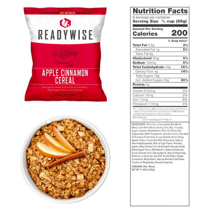 ReadyWise Apple Cinnamon Cereal freeze-dried breakfast packet shown with a bowl of granola topped with apple slices and a cinnamon stick, featuring detailed nutrition facts for emergency food and pantry collections.
