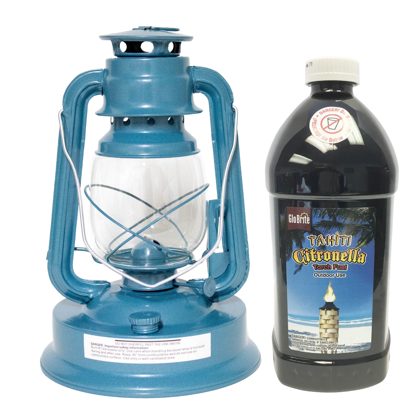 Blue metal oil lantern with clear glass globe beside a large black plastic bottle of citronella torch fuel, ideal for outdoor use in camping, garden, pest control, and emergency supplies collections.