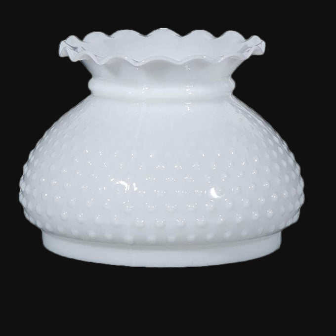 Handcrafted opal hobnail glass oil lamp shade with a ruffled scalloped top, crafted for lamps & lighting, parts and accessories, lamp shades, best sellers, and promo eligible collections.