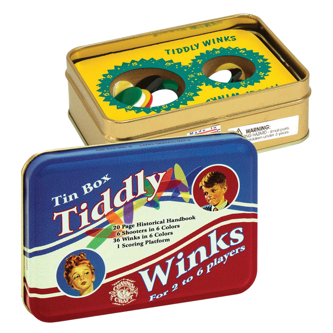 Handcrafted tin box of classic Tiddly Winks game featuring colorful winks and shooters, a scoring platform, and a 20-page historical handbook, made in USA, in Toys, Books & Games, USA Made, Children's Toys, Games and Puzzles, Table and Board Games, Best Sellers, Promo Eligible collections.