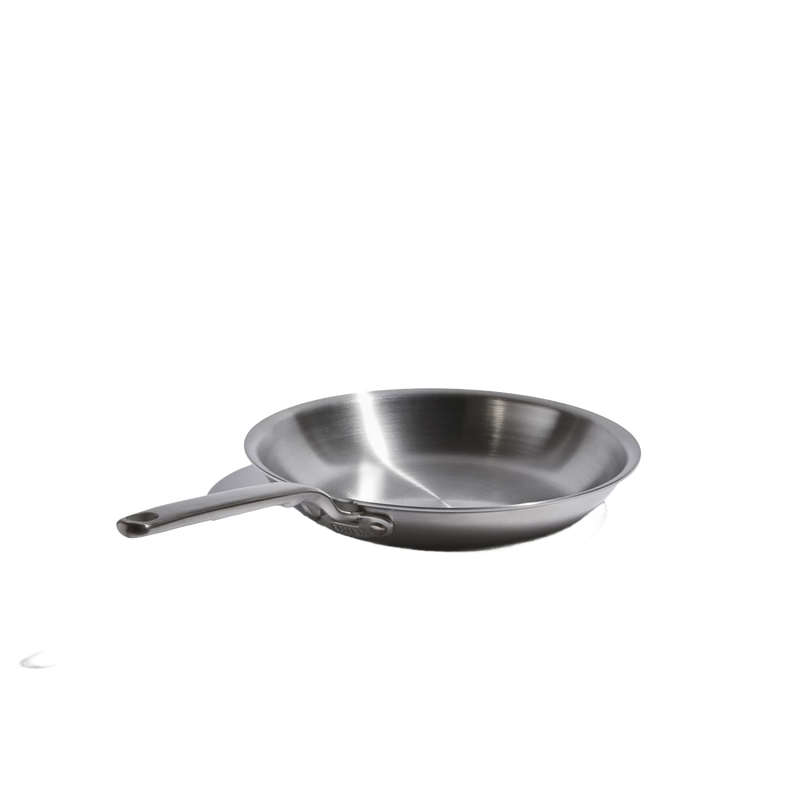Handcrafted fully clad stainless steel fry pan with riveted handle, designed for even heating and durability, featured in Kitchen & Food, Cookware, Pots and Pans, Best Sellers, and Promo Eligible collections.