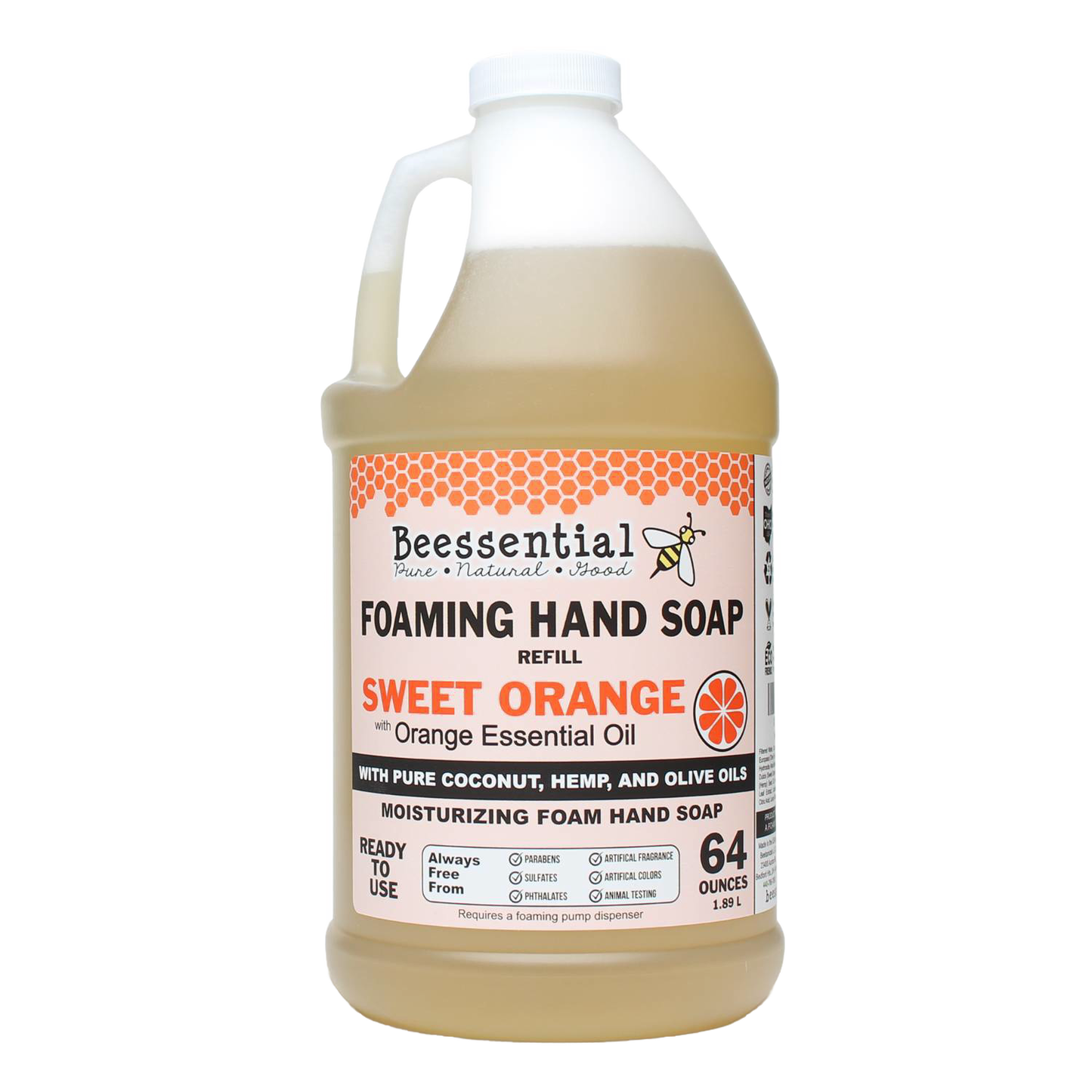 Handcrafted 64-ounce foaming hand soap refill infused with sweet orange essential oil, made with natural coconut, hemp, and olive oils, featured in Health & Wellness and Grooming collections.