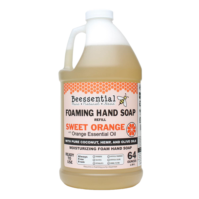 Handcrafted 64-ounce foaming hand soap refill infused with sweet orange essential oil, made with natural coconut, hemp, and olive oils, featured in Health & Wellness and Grooming collections.