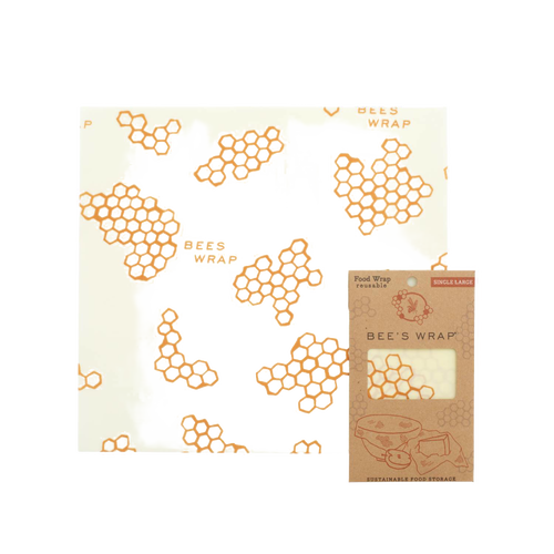 Natural cotton food wrap featuring honeycomb pattern in warm yellow tones, handmade with beeswax for reusable, earth-friendly storage, part of Kitchen & Food and USA Made collections.