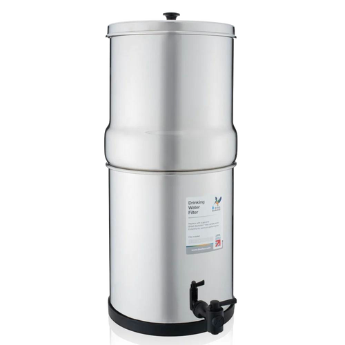 Stainless steel gravity water filter with two ceramic filter elements and spigot, designed for reliable clean drinking water in camping, emergency supplies, and home use.